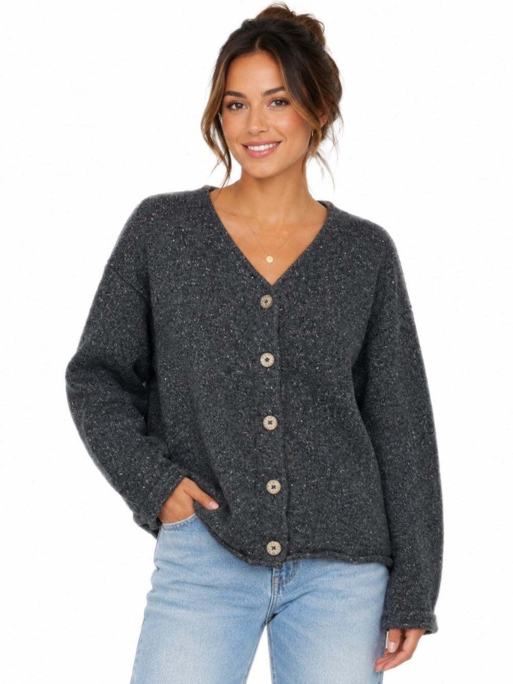 Vintage ALPS Women's Charcoal Gray Knit Cardigan – Size Medium